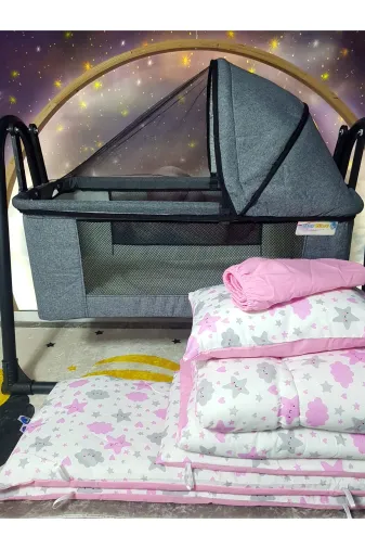 Baby Clime USR-KETENTB-4585-1. 45X85 Tenteli Keten Beşik Ve Uyku Seti - Bebeğiniz Her Yerde Rahat Uyusun! Gri