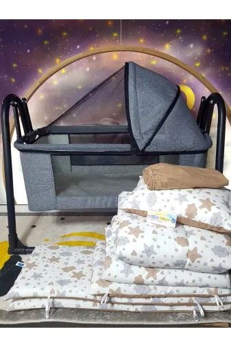 Baby Clime USR-KETENTB-4585-1. 45X85 Tenteli Keten Beşik Ve Uyku Seti - Gri Portatif Silinebilir Lüks Keten Fileli