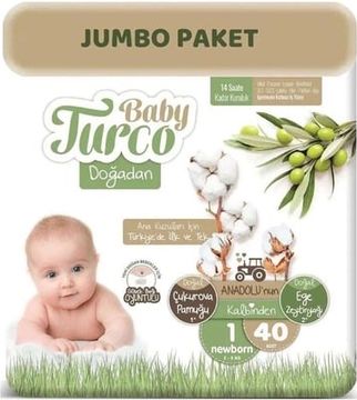 Baby Turco Bebek Bezi Doğadan 1 Beden 2-5 KG Yeni Doğan 40 Adet Jumbo Pk