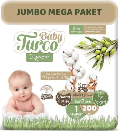 Baby Turco Bebek Bezi Doğadan Beden:1 (2-5Kg) Yeni Doğan 200 Adet Jumbo Mega Pk