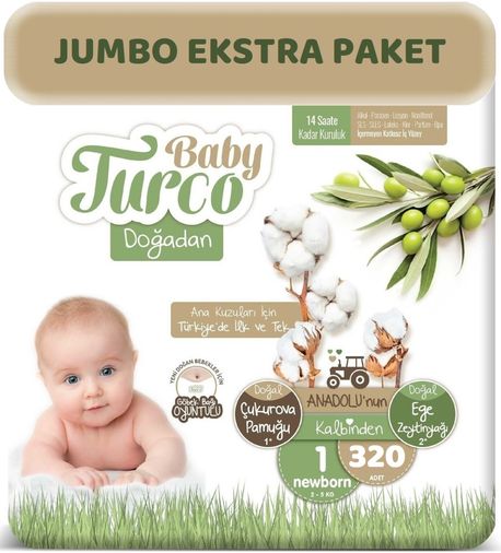 Baby Turco Bebek Bezi Doğadan Beden:1 (2-5Kg) Yeni Doğan 320 Adet Jumbo Ekstra Pk
