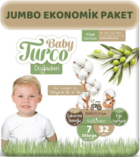 Baby Turco Bebek Bezi Doğadan Beden:7 (20-30Kg) XXLarge 32 Adet Jumbo Ekonomik Pk