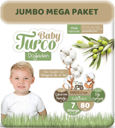 Baby Turco Bebek Bezi Doğadan Beden:7 (20-30Kg) XXLarge 80 Adet Jumbo Mega Pk