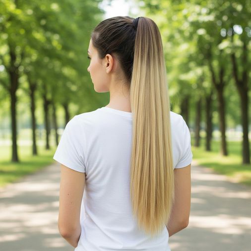 Bağlamalı Düz At Kuyruğu / Kahve / Bal Köpüğü Ombre ve Platin Işıltılı
