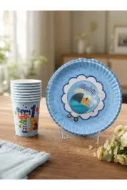 BAKBURAYA YAPAY ÇİÇEKÇİLİK İlk doğum günüm erkek bebek 8 bardak ve tabak seti