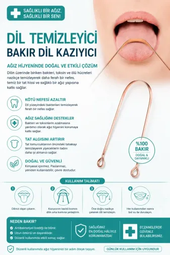 Bakır Dil Tezleme Aparatı – Dil Tezleyici – Ağız Bakım Aparatı – Dil Kazıyıcı – Metal Dil Tezleme Ek