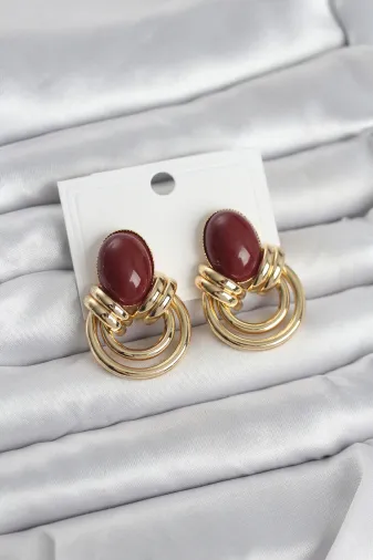 Balance Life GROUP-2589217 Mey İthalat® Pirinç Gold Renk Bordo Taşlı Vintage Kadın Küpe