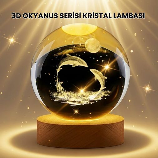 Balancelife 133506168 Mey İthalat Lazer İşlemeli Yunus Kristal Küre Sıcak Işıklı Ahşap Standlı Çok Renkli
