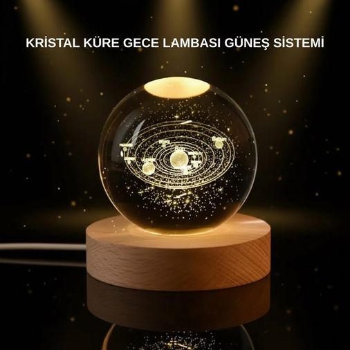 Balancelife 133506171 Mey İthalat Led Işıklı Kristal Küre Ahşap Standlı Dekoratif Gezegen Model Çok Renkli