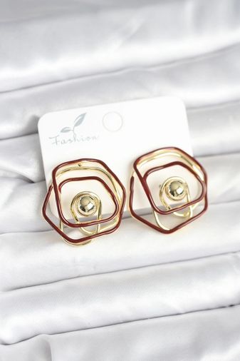 Balancelife MEYEB692196751c751a67fa0bbd6c-BLMY Mey İthalat Pirinç Gold Renk Bordo Mineli Geometrik Gül Model Kadın Küpe Çok Renkli