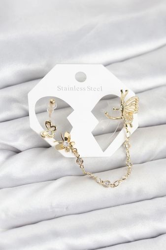 Balancelife MEYEB694f90c4a4d03a632a095844-BLMY Mey İthalat Kelebekli Model Pirinç Gold Renk Zincir Bağlantılı Ear Cuff Küpe Seti Çok Renkli