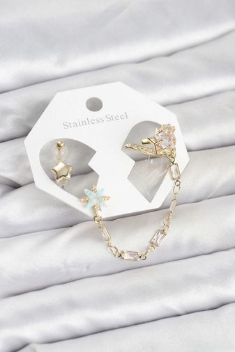 Balancelife MEYEB694f90c614662423200f2375-BLMY Mey İthalat Yıldız Model Pirinç Gold Renk Zincir Bağlantılı Ear Cuff Küpe Seti Çok Renkli