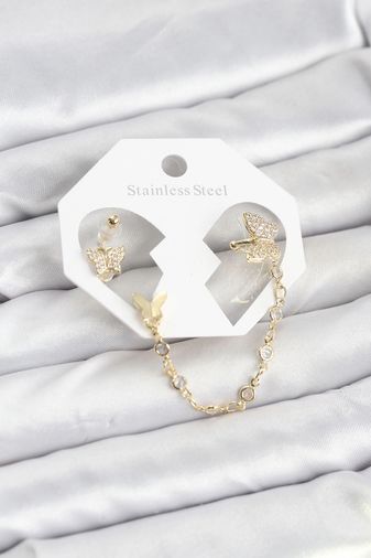 Balancelife MEYEB694f90cc6619f618e10d3313-BLMY Mey İthalat Kelebek Model Pirinç Gold Renk Zincir Bağlantılı Ear Cuff Küpe Seti Çok Renkli