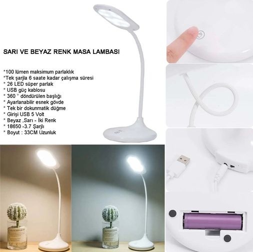 Balancelife TrLat0GF001K-GUVF-560-BLNCC Şarjlı Sarı Ve Beyaz Renk Masa Lambası Wt-005 Siyah