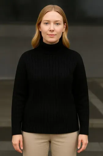 Balıkcı Yaka Bağazlı Triko Kazak Pamuklu Kalın Fitilli Dokuma - Siyah - S - Siyah