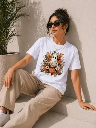 Balkabağı Hayalet Baskılı Tişört Kısa Kol Yazlık T-Shirt - Beyaz - XL - Beyaz