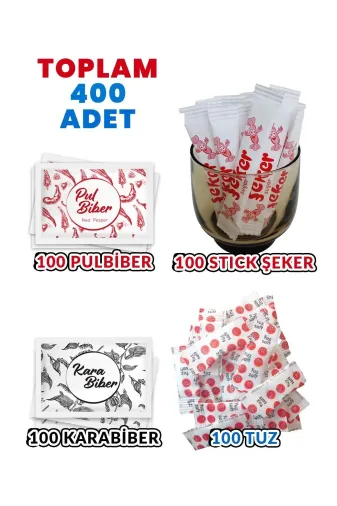 Balkan 5467468946469 (Toplam 400 Adet) Tek Kullanımlık Pulbiber 100 - Karabiber 100 - Stick Şeker 100 - Tuz 100 Adet
