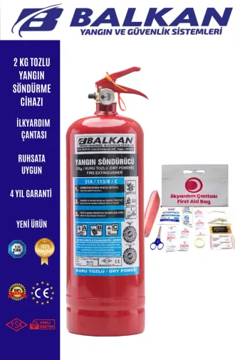 BALKAN YANGIN VE GÜVENLİK SİSTEMLERİ BALKAN2KG4 2 Kg Yangin Tüpü Tüvtürk Uyumlu Tse Ce Belgeli +İlkyardim Seti