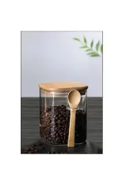 Bambu Kapaklı Kaşıklı Kare Kavanoz