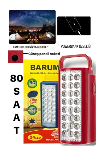 Barum 24 Ledli 80Saat Yanan Usb Telefon Şarj Özelliği Şarj Edilebilir Işıldak
