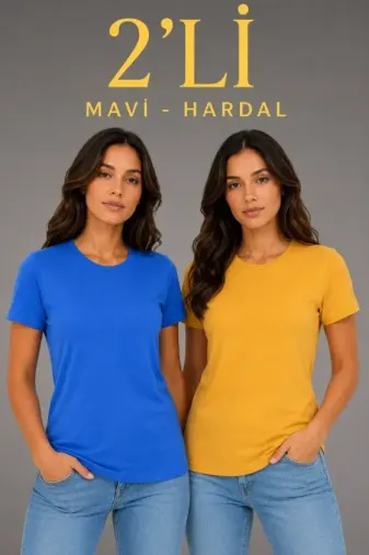 Basic Bisiklet Yaka Yazlık Slim Fit T-Shirt - Mavi - Hardal Sarısı - L - Çok Renkli