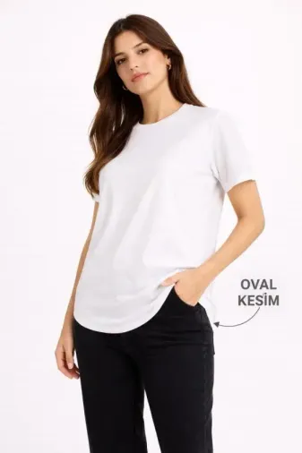 Basic T-Shirt Kısa Kol Bisiklet Yaka Oval Kesim Tişört - Beyaz - XS - Beyaz