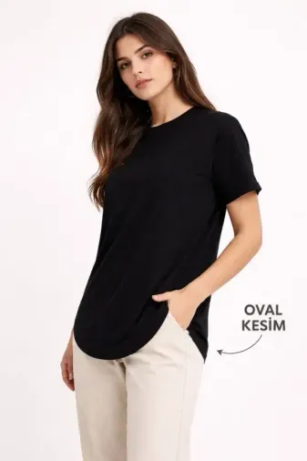 Basic T-Shirt Kısa Kol Bisiklet Yaka Oval Kesim Tişört - Siyah - 2XL - Siyah