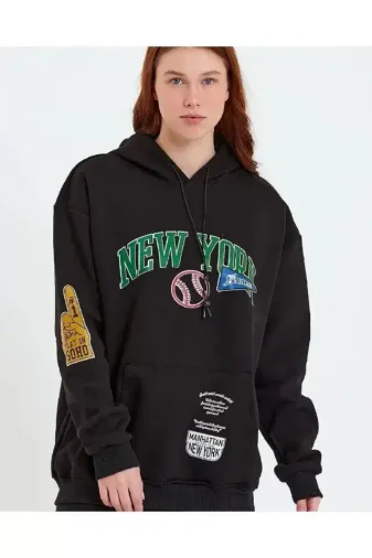 Baskılı Kapüşonlu Sweatshirt - Siyah - L - Siyah