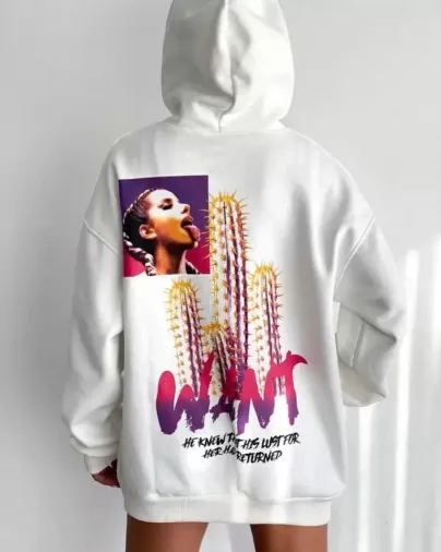 Baskılı Üç İplik Kapüşonlu Oversize Sweatshirt - Beyaz - M - Beyaz