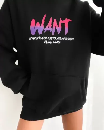Baskılı Üç İplik Kapüşonlu Oversize Sweatshirt - Siyah - S - Siyah