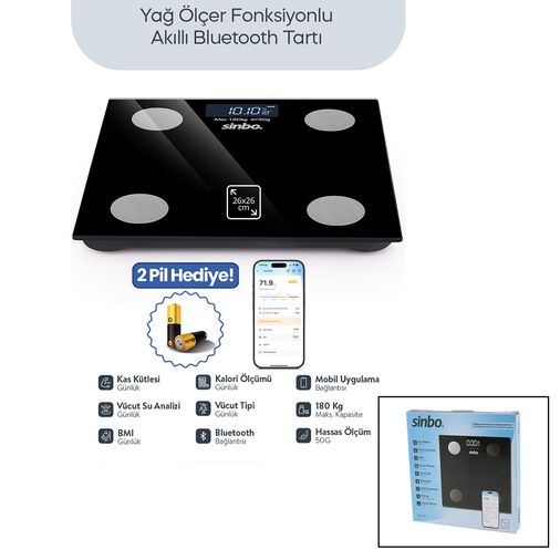 BASKÜL SİYAH YAĞ ÖLÇER AKILLI BLUETOOTH CAM BASKÜL