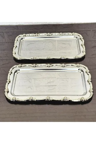 BATONÇELİKTEPSİLER 2'li Full Gümüşsunum Tepsisi & Baton Pasta Servisi Çelik Tepsi Döküm Gold Çerçeve 32 Cm