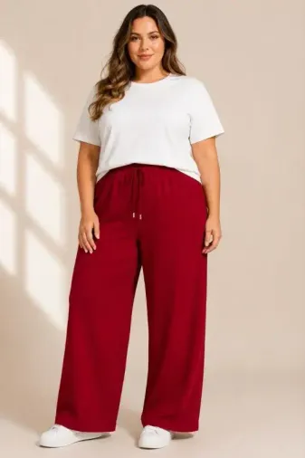 Battal Beden Bürümcük Kumaş Beli Lastikli Bağcıklı Bol Paça Palazzo Pantolon - Bordo - 3XL - Bordo