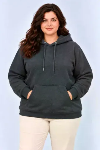 Battal Büyük Beden Üç İplik İçi Şardonlu Kapüşonlu Kanguru Cepli Kışlık Sweatshirt - Füme - 6XL - Füme