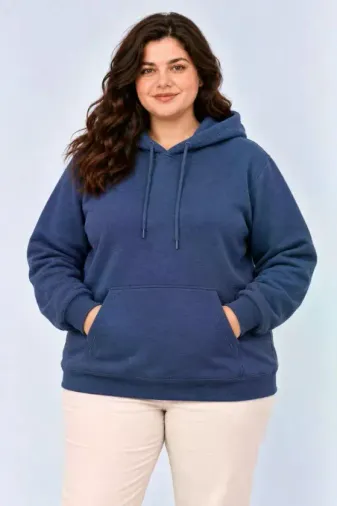 Battal Büyük Beden Üç İplik İçi Şardonlu Kapüşonlu Kanguru Cepli Kışlık Sweatshirt - Lacivert - 6XL - Lacivert