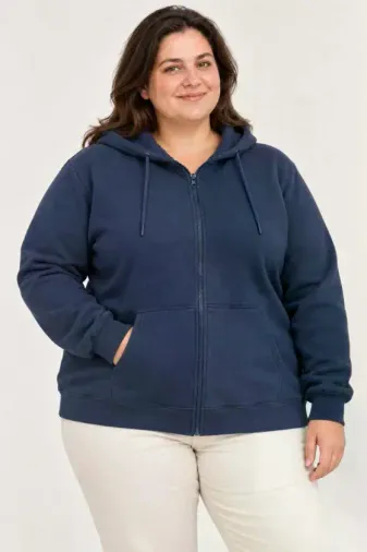 Battal Büyük Beden Üç İplik İçi Şardonlu Kapüşonlu Tam Fermuarlı Kışlık Sweatshirt - Lacivert - 3XL - Lacivert