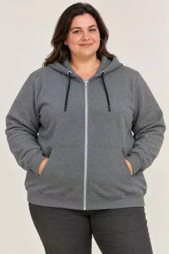 Battal Büyük Beden Üç İplik İçi Şardonlu Kapüşonlu Tam Fermuarlı Kışlık Sweatshirt - Füme - 5XL - Füme