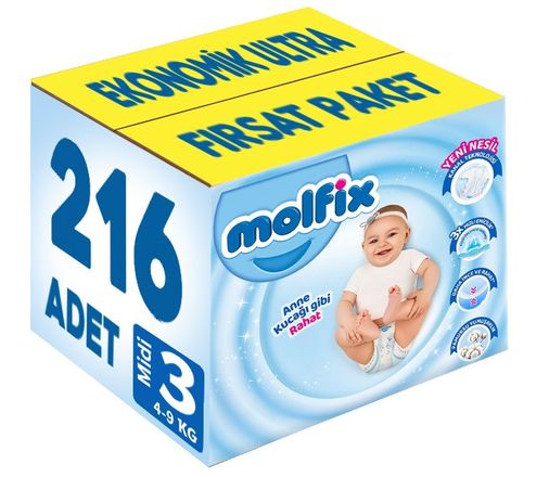 Bebek Bezi Beden:3 (4-9Kg) Midi 216 Adet Ekonomik Ultra Fırsat Pk