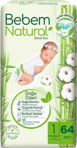 Bebem Bebek Bezi Natural 1 Beden 2-5 KG Yenidoğan 64 Adet Fırsat Pk
