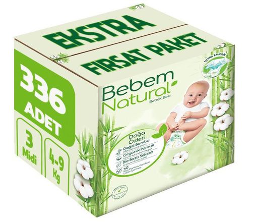 Bebem Bebek Bezi Natural 3 Beden 4-9 KG Midi 336 Adet Ekstra Fırsat Pk