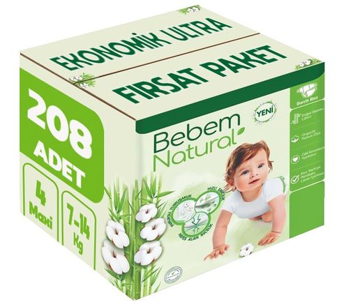 Bebem Bebek Bezi Natural 4 Beden 7-14 KG Maxi 208 Adet Ekonomik Ultra Fırsat Pk