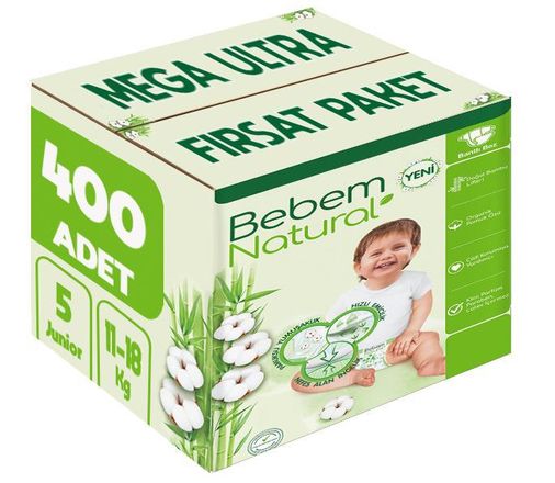 Bebem Bebek Bezi Natural 5 Beden 11-18 KG Junior 400 Adet MeGa Ultra Fırsat Pk