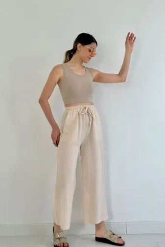 Bej Keten Pantolon - S - Bej