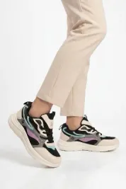 Bej Siyah Fileli Bağcıklı Unisex Spor Ayakkabı
