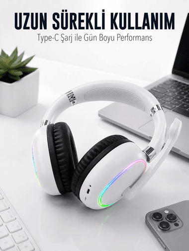Beyaz Bluetooth 5.0 Mikrofonlu Kablosuz Kulak Üstü Kulaklık Rgb Işıklı Type-c Şarjlı