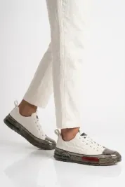 Beyaz Hakiki Deri Kroko Desenli Erkek Sneaker