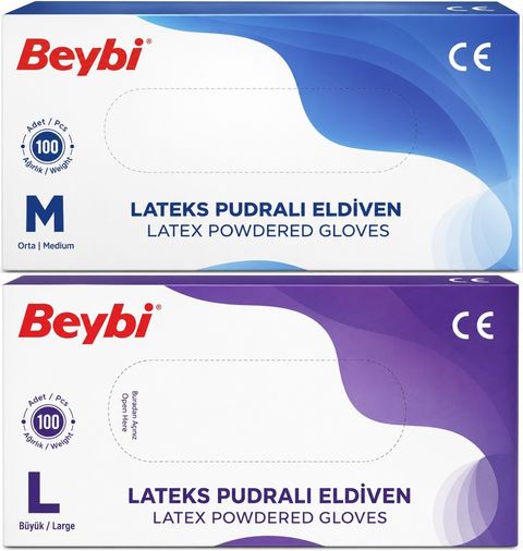 Beybi Lateks Pudralı Muayene Eldiveni M - Medium - Orta / L - Large - Büyük Karma 200 Lü Set