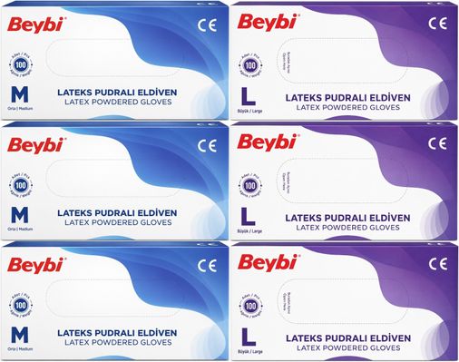 Beybi Lateks Pudralı Muayene Eldiveni M - Medium - Orta / L - Large - Büyük Karma 600 Lü Set