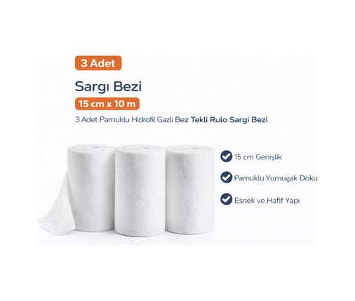Bezos 121025764 Sargı Bezi 15 Cm X 10 M 3 Adet Pamuklu Hidrofil Gazlı Bez Rulo Sargı Bezi Seti