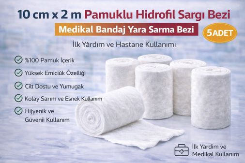 Bezos 122655481 10 Cm X 2 M Pamuklu Hidrofil Sargı Bezi Medikal Bandaj Yara Sarma Bezi İlk Yardım Ve Hastane Kullanımı 5 Adet